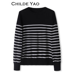 Childe Yao羊毛針織衫女條紋2024秋季新款內搭簡約氣質打底衫上衣