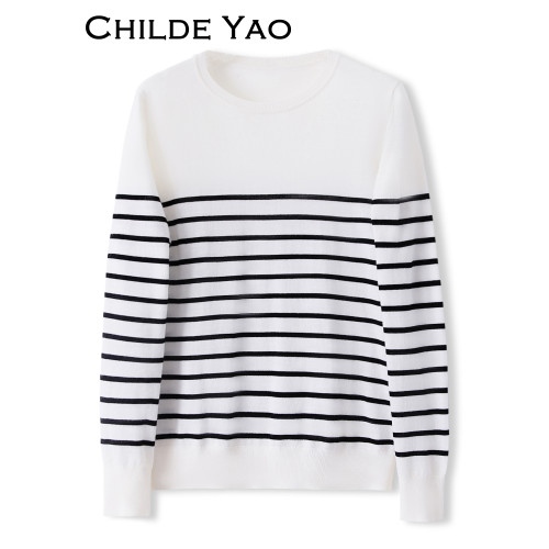 Childe Yao羊毛針織衫女條紋2024秋季新款內搭簡約氣質打底衫上衣