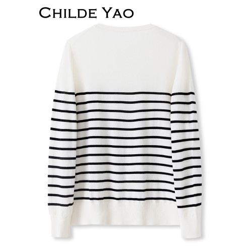 Childe Yao羊毛針織衫女條紋2024秋季新款內搭簡約氣質打底衫上衣