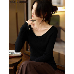 Basic House/百家好黑色喇叭袖珍珠鑲邊v領針織打底衫毛衣女春季