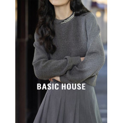 Basic House/百家好100%羊毛灰色圓領毛衣女秋季高級感內搭打底衫