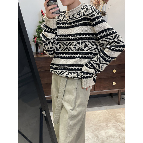 周浪清 日系費爾島毛衣女早秋新款圓領打底衫條紋針織衫羊毛衫女