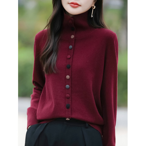 時尚減齡新款針織開衫女翻領毛衣外套冬季加厚高領羊毛打底衫寬松