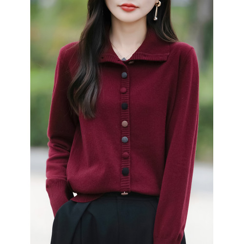 時尚減齡新款針織開衫女翻領毛衣外套冬季加厚高領羊毛打底衫寬松