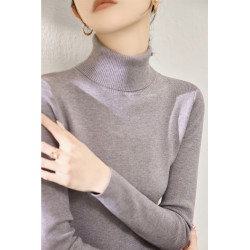 高級感羊毛淺米灰套頭針織衫冬季長袖毛衣修身高領簡約內搭打底衫