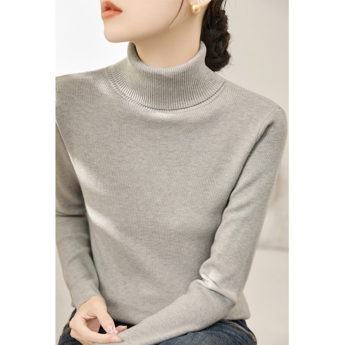 高級感羊毛淺米灰套頭針織衫冬季長袖毛衣修身高領簡約內搭打底衫