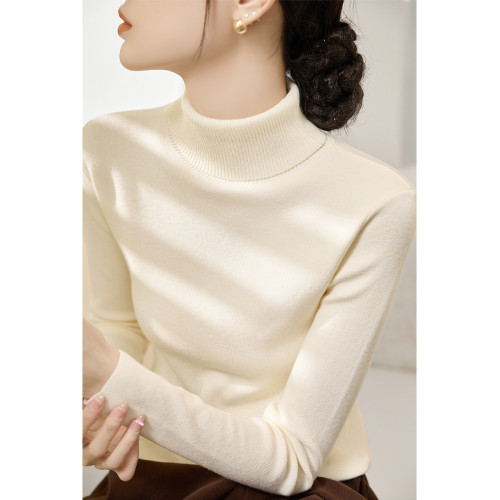 高級感羊毛淺米灰套頭針織衫冬季長袖毛衣修身高領簡約內搭打底衫