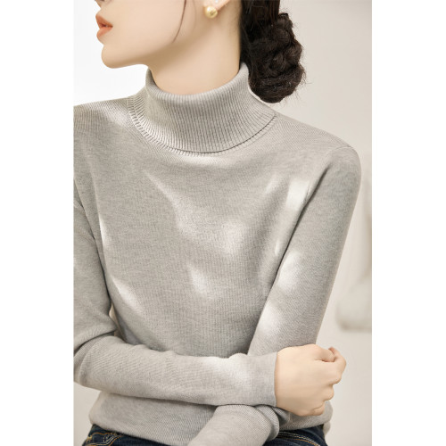高級感羊毛淺米灰套頭針織衫冬季長袖毛衣修身高領簡約內搭打底衫