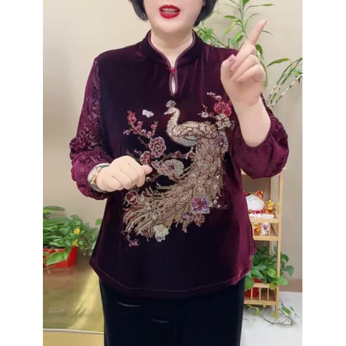 貴夫人高級大碼金絲絨上衣女春秋洋氣小衫老年媽媽寬松顯瘦打底衫