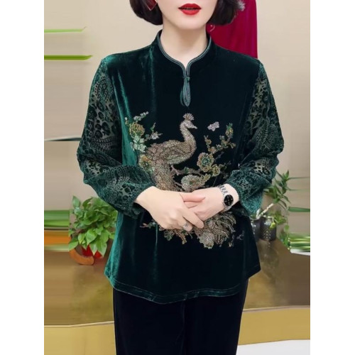 貴夫人高級大碼金絲絨上衣女春秋洋氣小衫老年媽媽寬松顯瘦打底衫