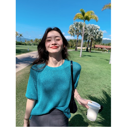 DORACTR 霧感奢美！碎金流光短袖針織衫女圓領打底衫上衣春季新款