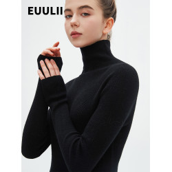 EUULII 2024秋冬新品100%美麗諾羊毛衫無縫高領打底衫百搭針織女