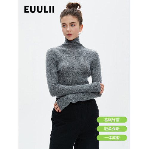 EUULII 2024秋冬新品100%美麗諾羊毛衫無縫高領打底衫百搭針織女
