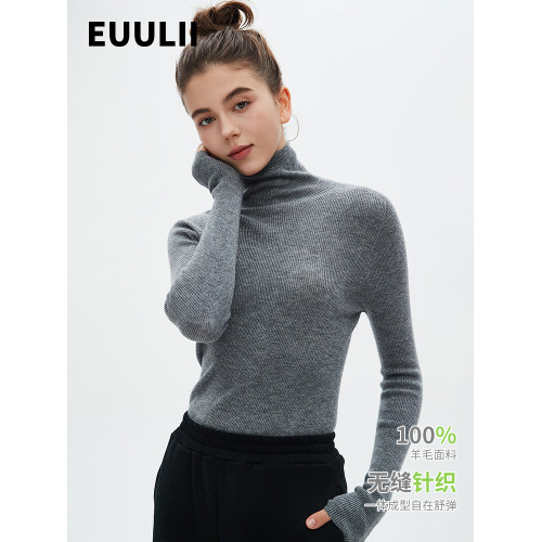 EUULII 2024秋冬新品100%美麗諾羊毛衫無縫高領打底衫百搭針織女