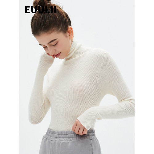 EUULII 2024秋冬新品100%美麗諾羊毛衫無縫高領打底衫百搭針織女