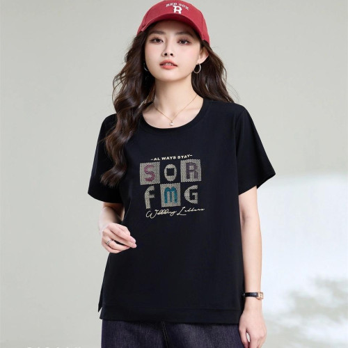 大碼女裝胖mm200斤夏裝新款時尚洋氣減齡顯瘦遮肚短袖打底衫上衣