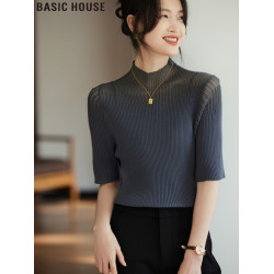 Basic House/百家好法式赫拉半高領網紗五分袖針織打底衫女士夏季