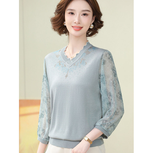 新款媽媽春裝紗袖上衣服50嵗60 中老年女洋氣七分袖針織打底衫薄