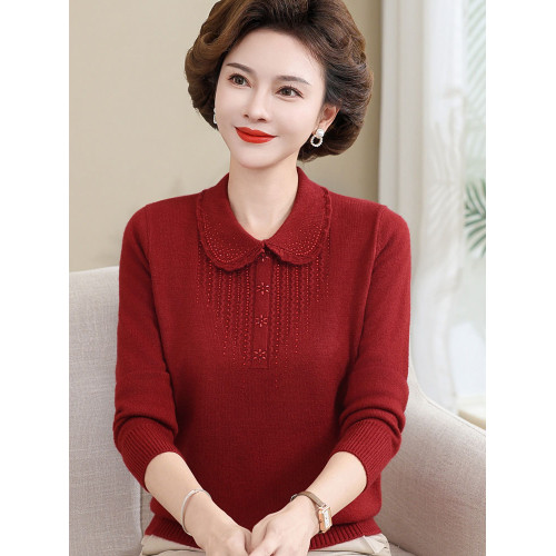 恒源祥媽媽春裝翻領套頭羊毛衫中老年女裝春秋時尚針織毛衣打底衫