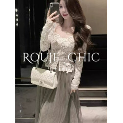 法國rouje chic法式方領蕾絲打底衫女早春新款收腰顯瘦內搭上衣