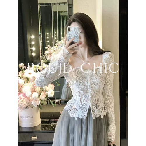 法國rouje chic法式方領蕾絲打底衫女早春新款收腰顯瘦內搭上衣