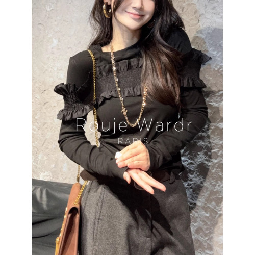 Rouje Wardr法式拼接荷葉邊打底衫女春季設計感圓領修身內搭上衣