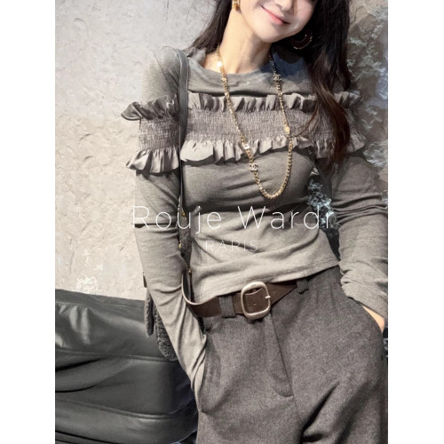 Rouje Wardr法式拼接荷葉邊打底衫女春季設計感圓領修身內搭上衣