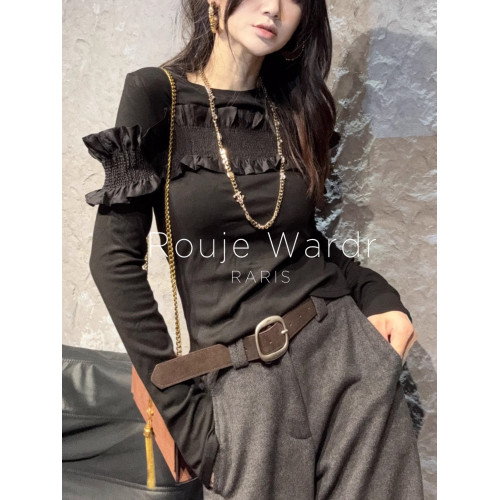 Rouje Wardr法式拼接荷葉邊打底衫女春季設計感圓領修身內搭上衣