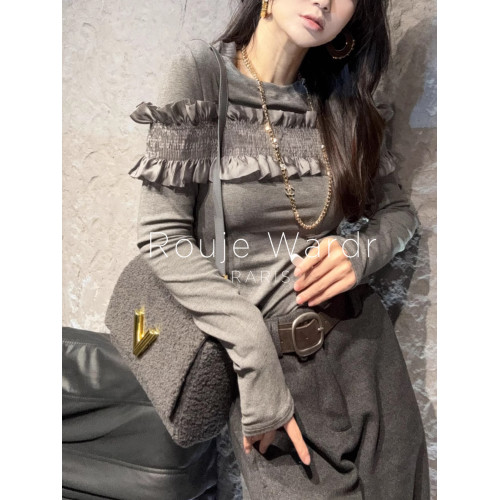 Rouje Wardr法式拼接荷葉邊打底衫女春季設計感圓領修身內搭上衣