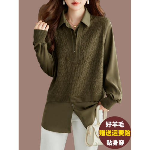 高級氣質假兩件上衣女新款媽媽洋氣大碼拼接襯衫領羊毛針織打底衫