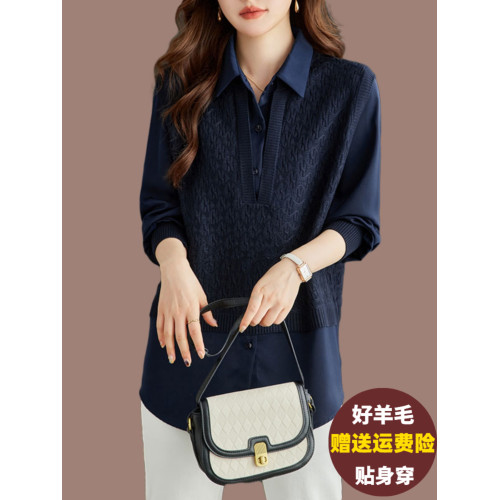 高級氣質假兩件上衣女新款媽媽洋氣大碼拼接襯衫領羊毛針織打底衫