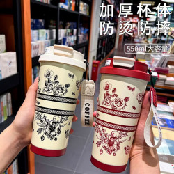高顔值鈴蘭花保溫杯316不鏽鋼可攜式帶提繩咖啡杯男女生雙飲吸管杯