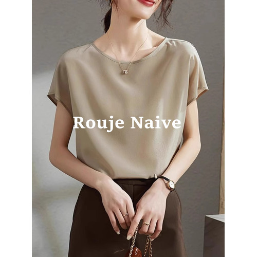 ROUJE NAIVE氣質顯瘦打底衫夏季新款時尚高級感蠶絲雪紡短袖上衣