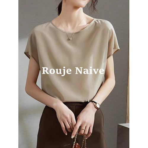 ROUJE NAIVE氣質顯瘦打底衫夏季新款時尚高級感蠶絲雪紡短袖上衣