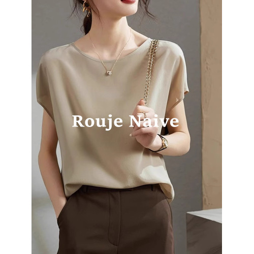 ROUJE NAIVE氣質顯瘦打底衫夏季新款時尚高級感蠶絲雪紡短袖上衣
