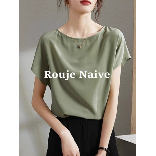 ROUJE NAIVE氣質顯瘦打底衫夏季新款時尚高級感蠶絲雪紡短袖上衣