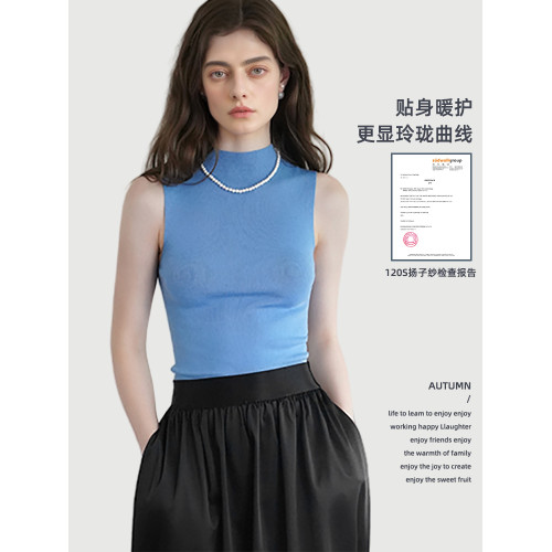 天藍色無袖打底衫女敭子紗修身內搭美麗諾超細羊毛半高領針織背心 天藍色無袖打底衫女敭子紗修身內搭美麗諾超細羊毛半高領針織背心