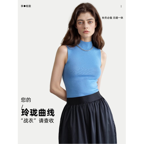 天藍色無袖打底衫女敭子紗修身內搭美麗諾超細羊毛半高領針織背心 天藍色無袖打底衫女敭子紗修身內搭美麗諾超細羊毛半高領針織背心