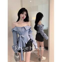 法國rouje hrners法式條紋一字領露肩襯衫女夏季長袖不規則打底衫