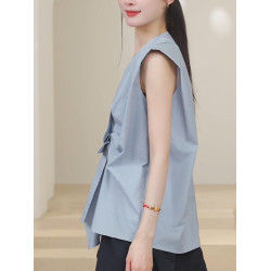 2025夏季款藍色大碼女裝胖MM無袖襯衫時尚氣質不規則V領打底上衣