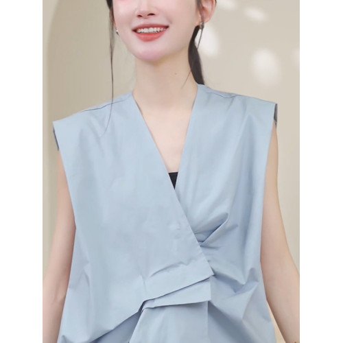 2025夏季款藍色大碼女裝胖MM無袖襯衫時尚氣質不規則V領打底上衣