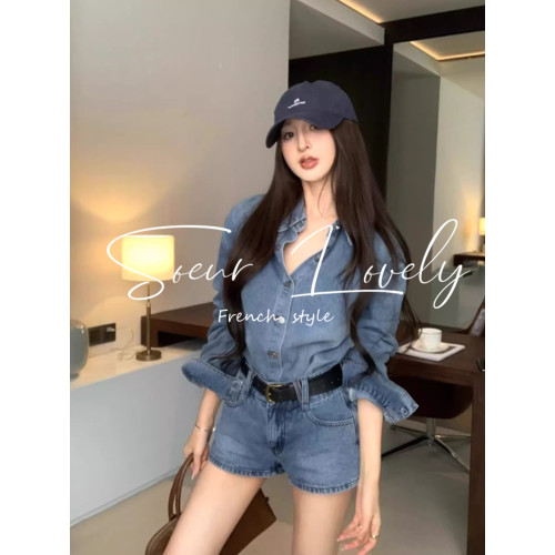 Soeur Lovely早秋新款復古藍色長袖襯衫女簡約百搭曡穿打底衫上衣