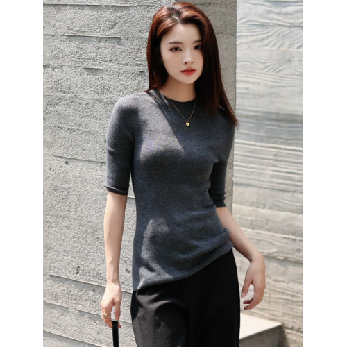 溫爾家 可機洗30%美麗諾羊毛打底衫女中袖春秋季修身針織衫上衣