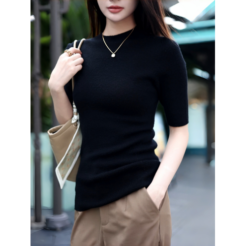 溫爾家 可機洗30%美麗諾羊毛打底衫女中袖春秋季修身針織衫上衣