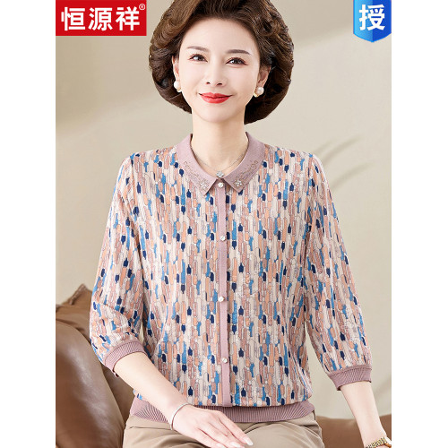 恒源祥媽媽裝大碼桑蠶絲中袖T恤中老年女裝春夏時尚翻領真絲上衣