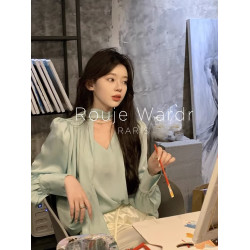 Rouje Wardr法式v領系帶緞面襯衫女秋冬設計感小衆長袖打底衫上衣