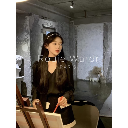 Rouje Wardr法式v領系帶緞面襯衫女秋冬設計感小衆長袖打底衫上衣