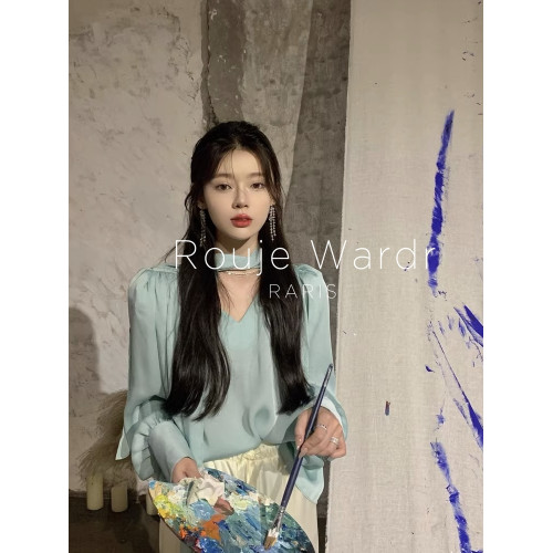 Rouje Wardr法式v領系帶緞面襯衫女秋冬設計感小衆長袖打底衫上衣