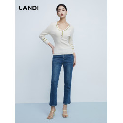 LANDI米色波浪V領撞色針織衫女春季新品七分袖修身打底衫上衣