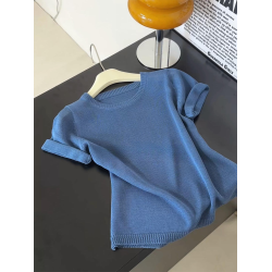 閉眼入系列！歐洲站霧霾藍色圓領短袖夏季簡約顯瘦針織打底衫上衣